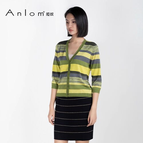 Anlom/娅奴春夏七分袖新款V领彩条休闲桑蚕丝针织衫女上衣开衫
