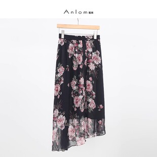 Anlom 新款 黑底花收腰时尚 a字裙简约百搭裙 娅奴桑蚕丝半身裙夏季