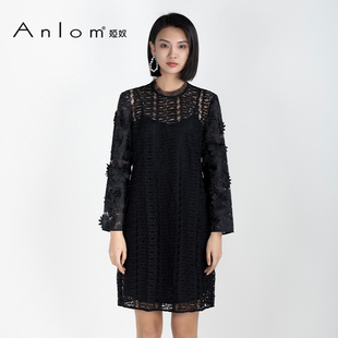 Anlom/娅奴春夏新款长袖中款黑色针织连衣裙显瘦修身通勤常规裙子