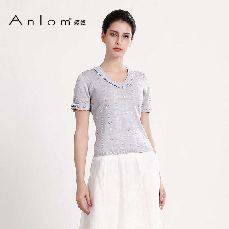Anlom/娅奴修身薄款夏季新款V领气质时尚休闲桑蚕丝针织花瓣袖