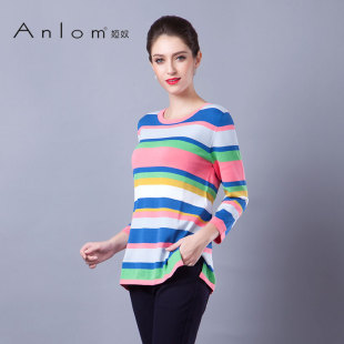 Anlom/娅奴秋冬新款纯棉粉彩条纹休闲七分袖针织衫女套头修身通勤