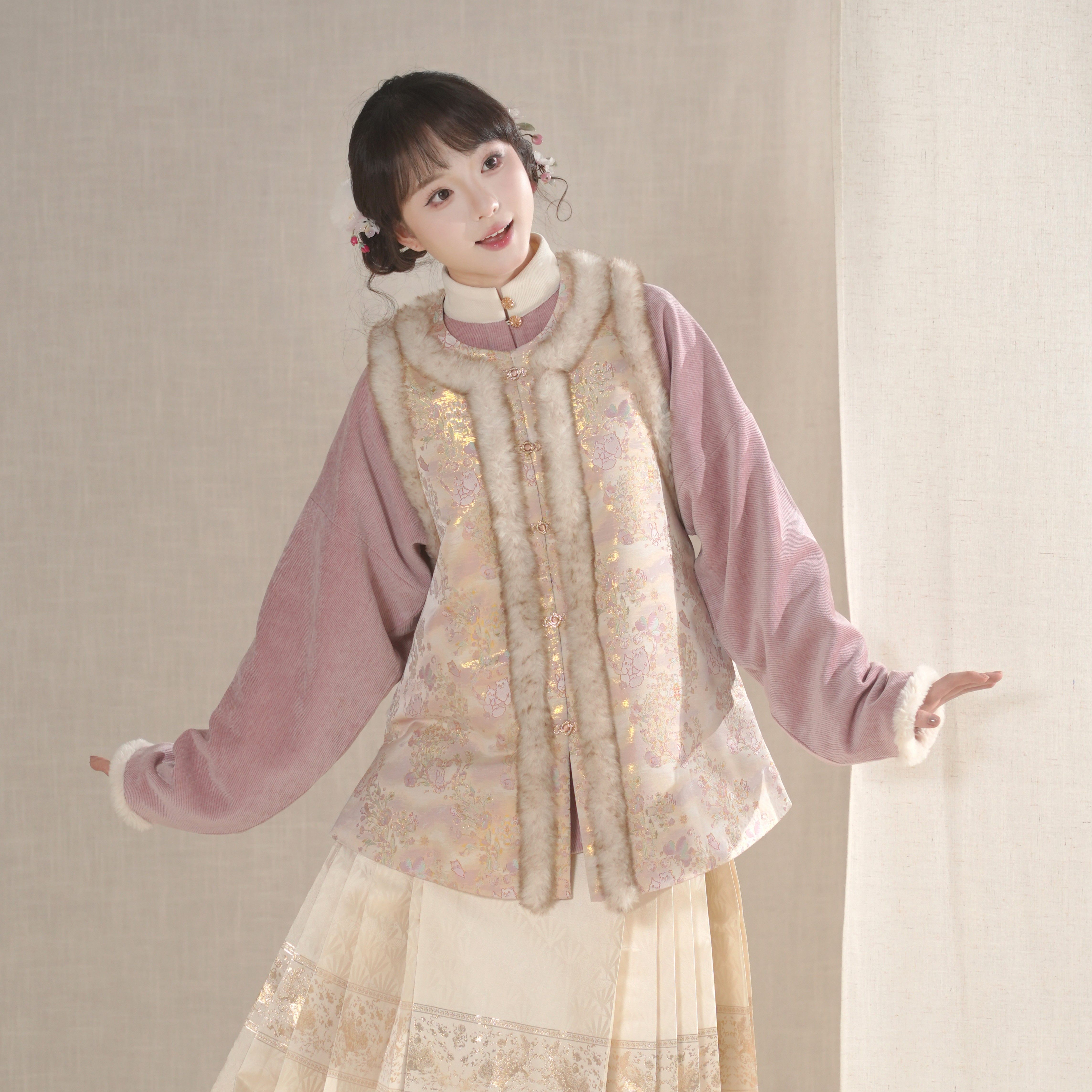 汉墨记【可爱】仿宋锦明制圆领比甲加绒可爱圈毛保暖百搭冬季汉服,女装/女士精品,汉服上装,淘宝优惠券,粉丝福利购,淘宝优惠卷