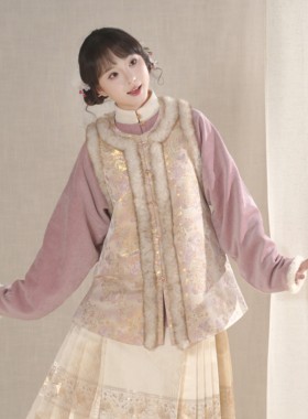 汉墨记【可爱】仿宋锦明制圆领比甲加绒可爱圈毛保暖百搭冬季汉服