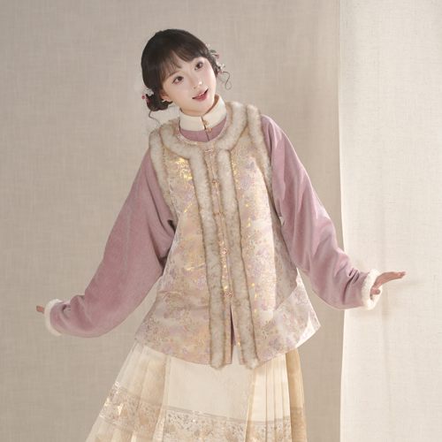 汉墨记【可爱】仿宋锦明制圆领比甲加绒可爱圈毛保暖百搭冬季汉服