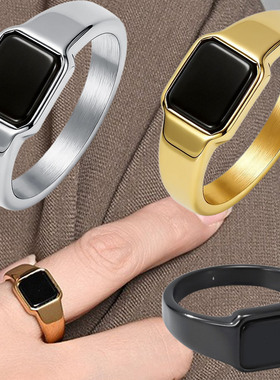 法式冷淡中性风钛钢黑宝石戒指男