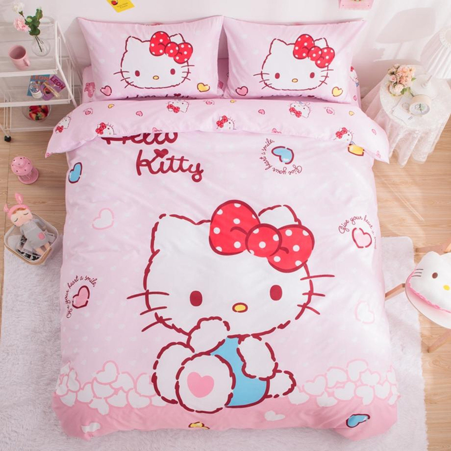 公主风HelloKitty1.5m被套三件套儿童凯蒂KT猫全棉纯棉卡通四件套