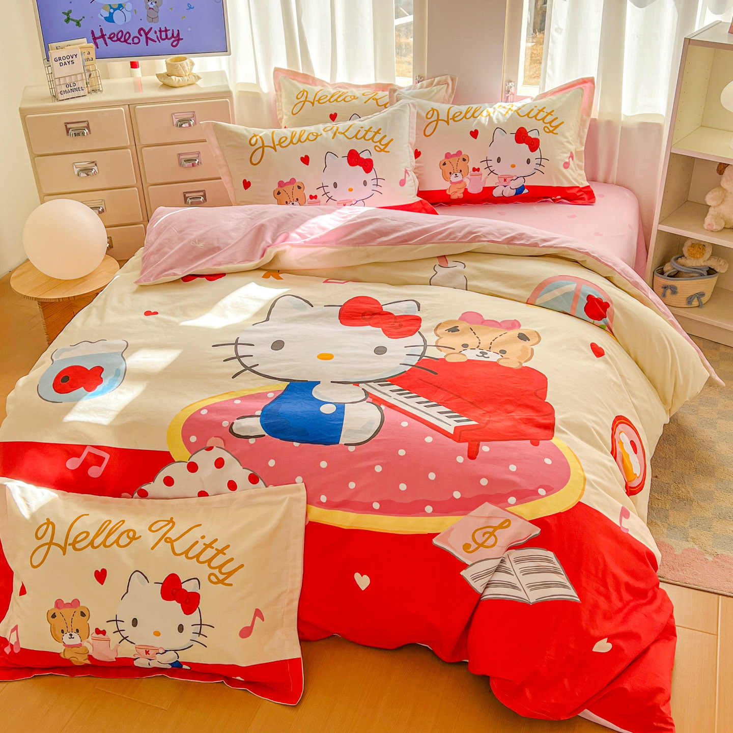 纯棉女孩床品四件套全棉helloKitty卡通被套儿童床上三件套凯蒂猫