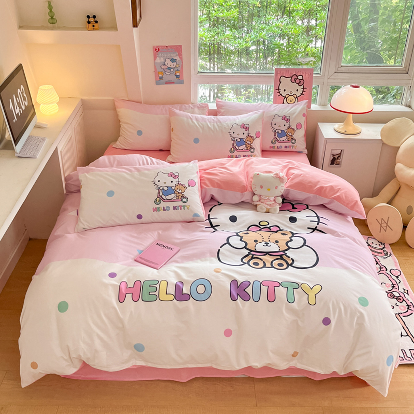 正版HelloKitty花边纯棉被套三件套儿童卡通全棉凯蒂猫kt猫四件套