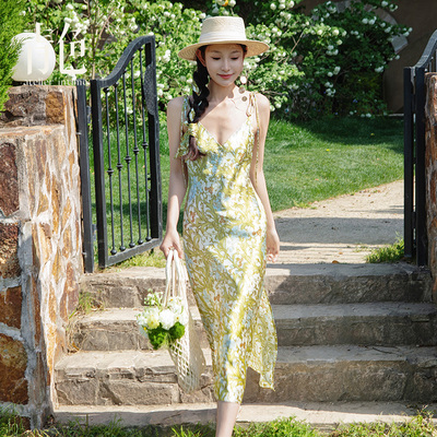 【锦夏黄绿】100%真丝印花吊带裙