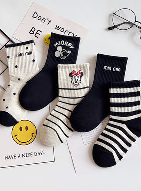 儿童袜子秋冬季卡通动漫米奇女宝学生运动黑白色条纹中高筒潮棉袜