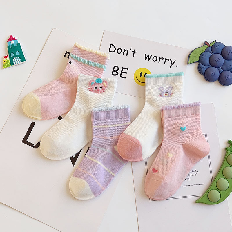 爱嘀嗒儿童袜子春夏季薄款网面透气卡通可爱粉色花边女宝短筒船袜