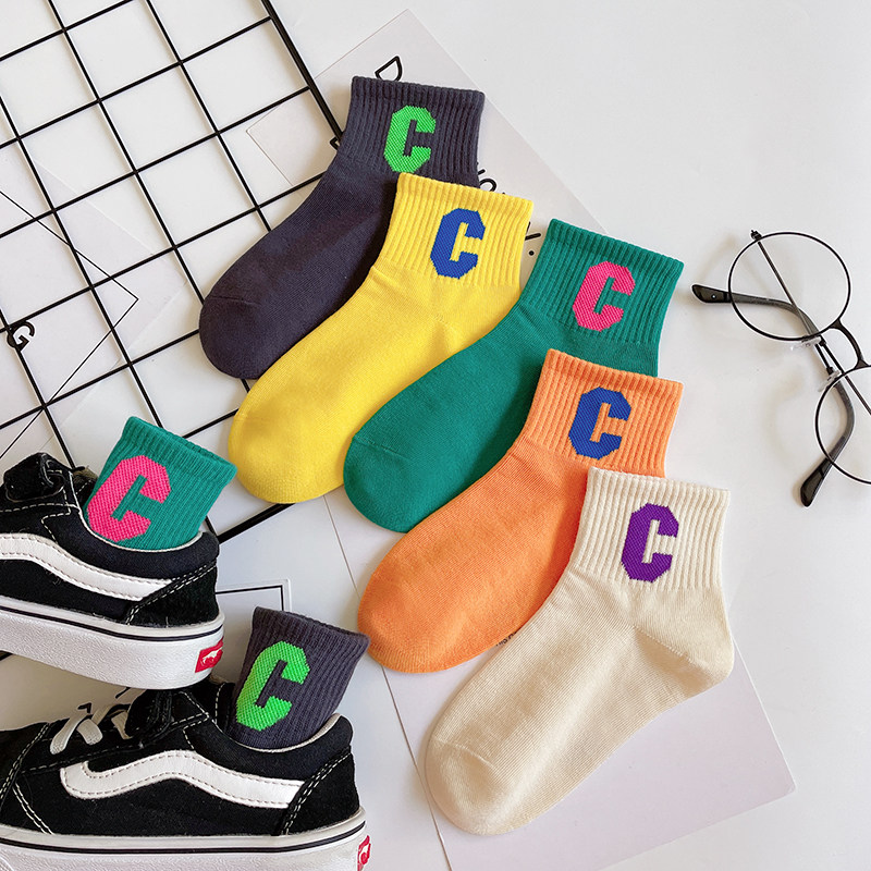 儿童袜子春季韩版潮ins网红同款字母精梳棉男女中大童短筒运动袜