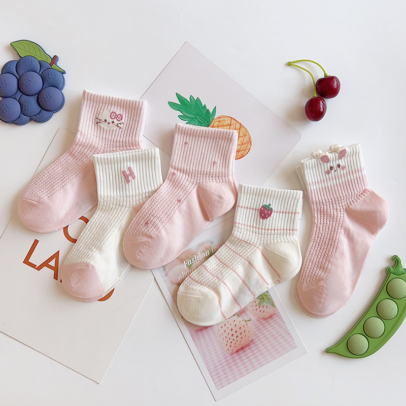 爱嘀嗒儿童袜子夏季大网眼薄款透气女宝卡通可爱粉色甜美运动短袜