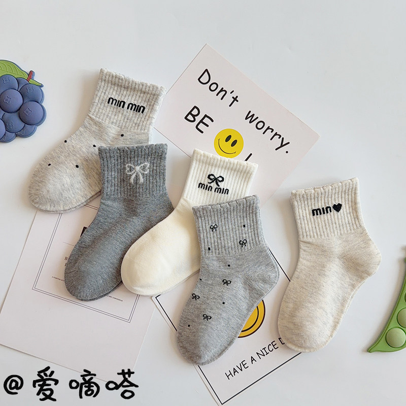 爱嘀嗒儿童袜子秋季精梳棉韩版学院风灰白色蝴蝶结女童学生中筒袜