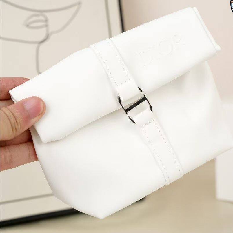 Dior迪奥哑光白PU化妆包专柜收纳包磨砂折叠高级质感手拿包