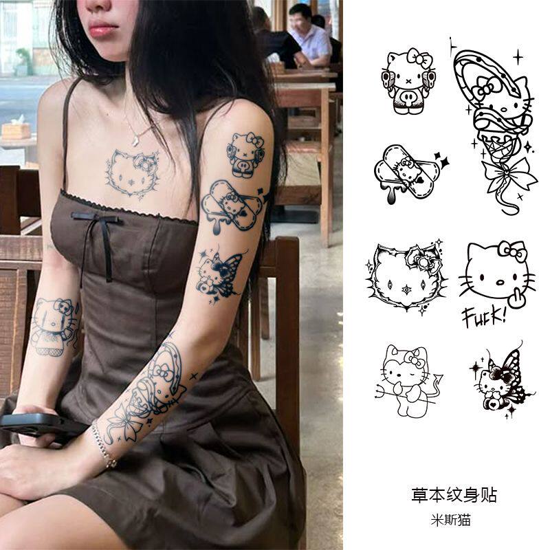 霸气kitty猫草本果汁纹身贴防水持久不反光手臂花臂酷卡通仿刺青