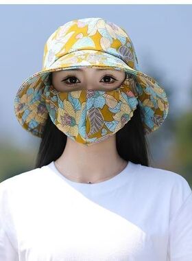 新款帽子口罩一体防晒夏季妈妈太阳帽遮阳帽户外遮脸女士印花