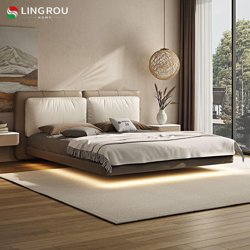 意式极简主卧真皮悬浮床现代简约高端卧室悬浮软包皮艺双人床
