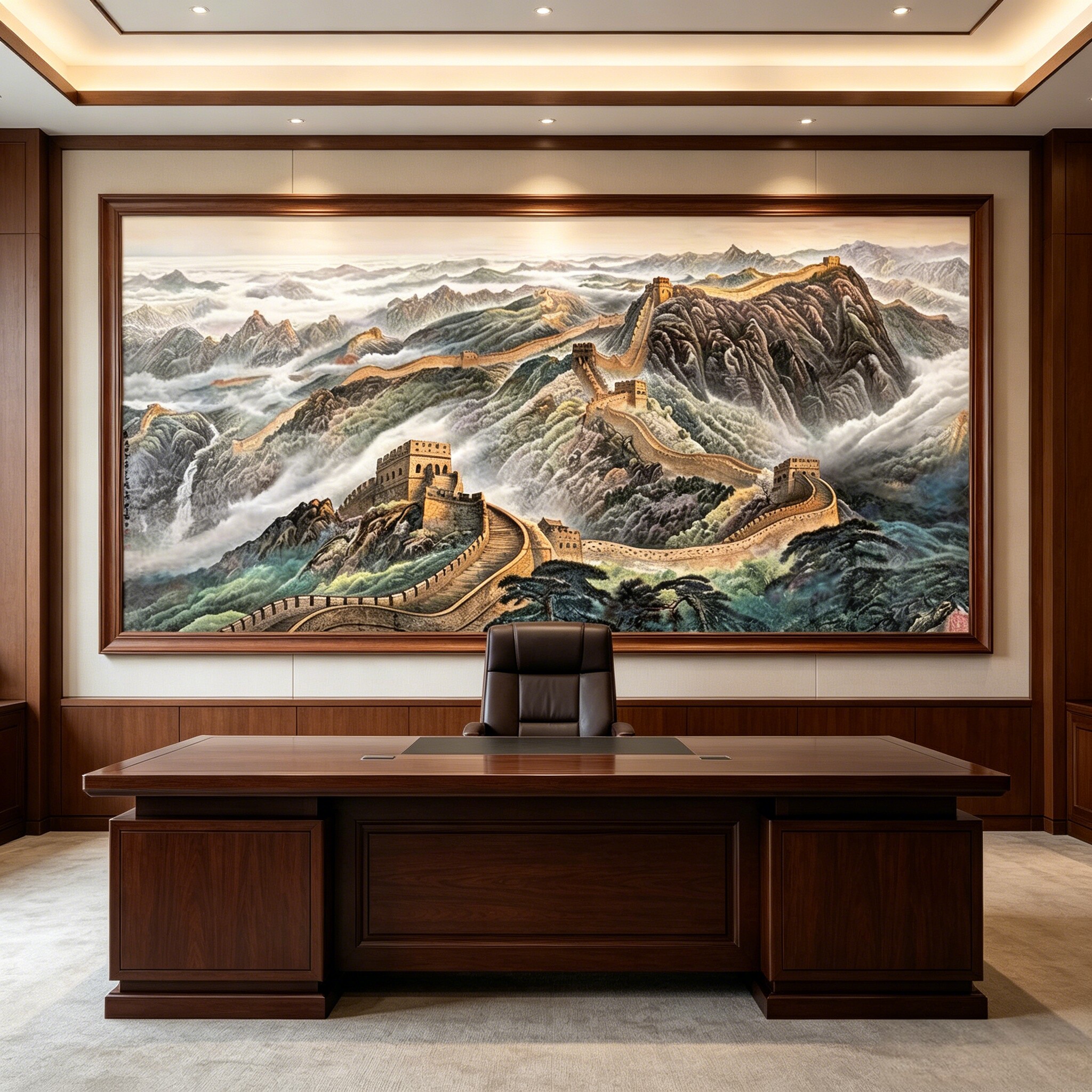 中式万里长城纯手绘山水油画挂画