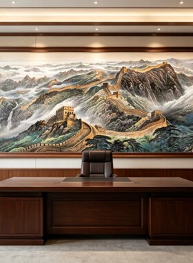 中式万里长城纯手绘山水油画挂画