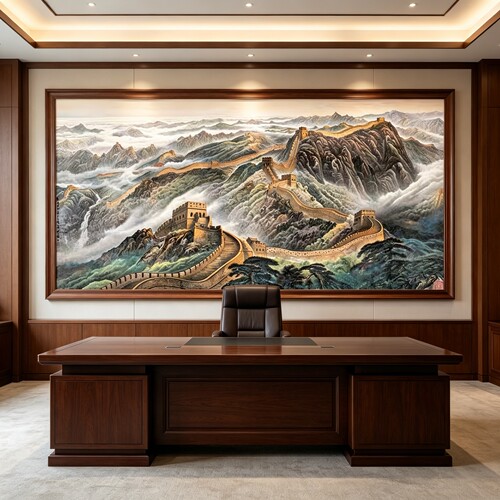 中式万里长城纯手绘山水油画挂画