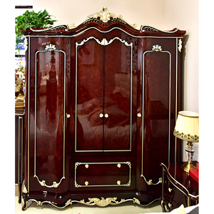 欧式四门衣柜拱门拉菲红酒色弧形门衣橱板木结合1米95大衣柜