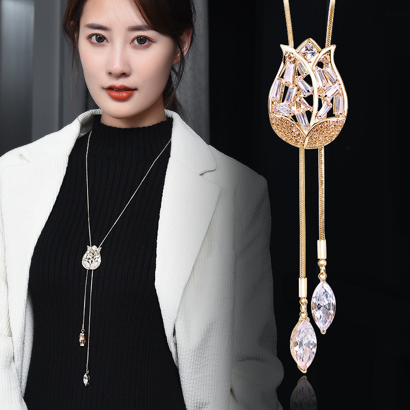 秋冬新款季郁金香锆石镶钻毛衣链韩版百搭长款时尚项链女