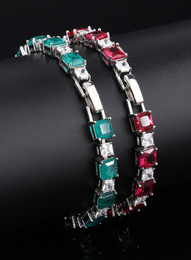 珠宝S925银仿真祖母绿 木佐绿色 红宝精工豪镶手链主石6*6