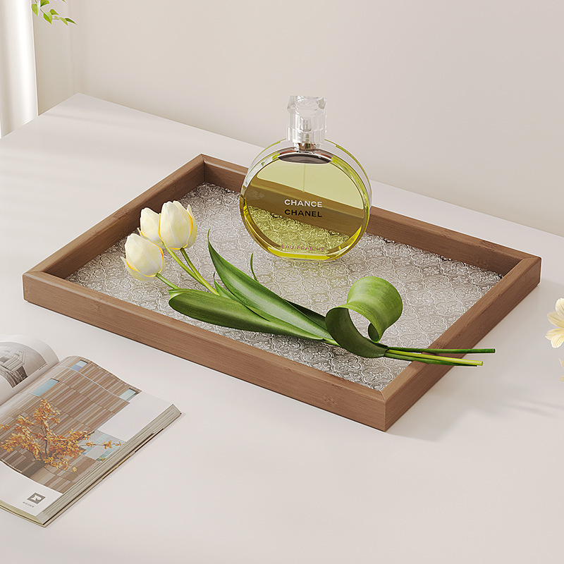 款海棠花压花玻璃亚克力托盘水果点心日式收纳盘长方形茶托盘