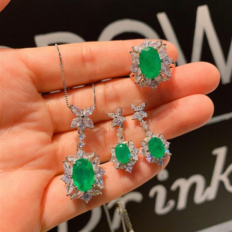 珠宝欧美复古彩宝仿真蓝宝耳环吊坠戒指小清新首饰套装