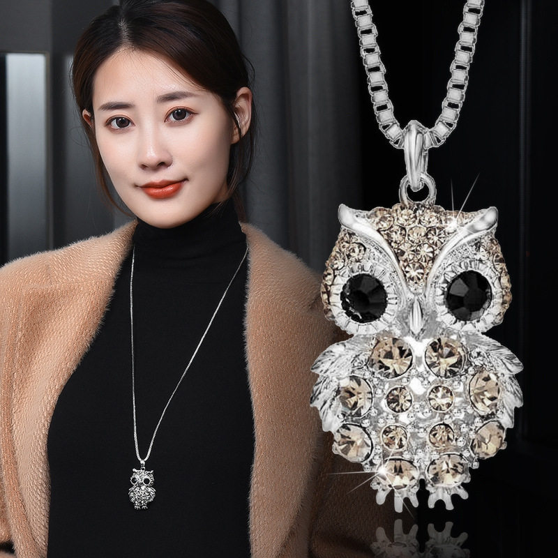 秋冬新款毛衣链镶钻猫头鹰吊坠长款项链女装挂件配饰外贸饰品