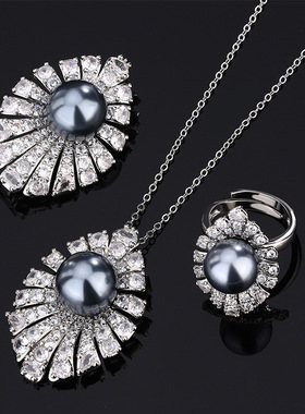 2024款珠宝铜底镀灰色珍珠时尚简约胸针套装14-12mm