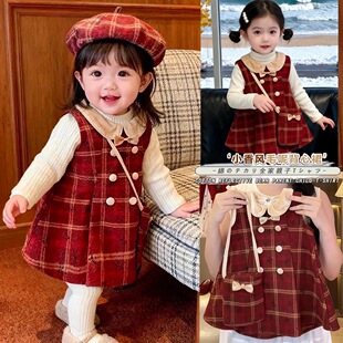 女宝红格子加绒背心连衣裙秋冬季2025新款儿童洋气圣诞节新年裙子
