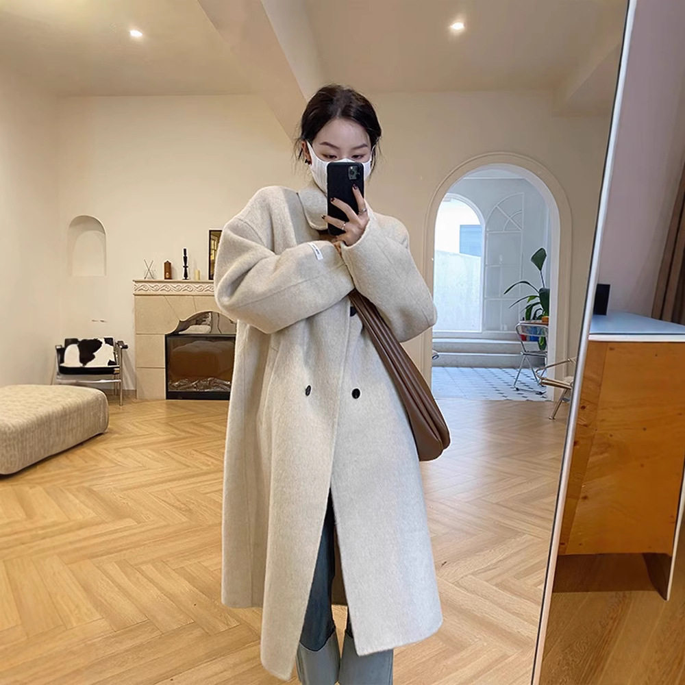 感超好看韩系长款小个子燕麦色呢子大衣今年流行毛呢外套女冬