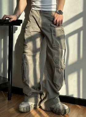 ALLIN30美式复古做旧水洗多口袋长裤高街宽松直筒阔腿潮牌工装裤