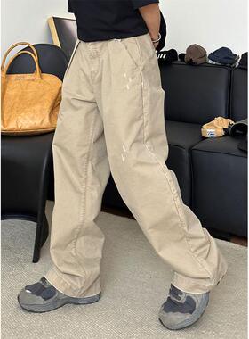 ALLIN30日系复古简约洗水直筒工装长裤微破做旧宽松潮牌纯色裤子