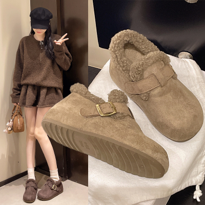 厚底内增高加绒勃肯鞋女2025新款冬季一脚蹬毛毛豆豆鞋保暖棉鞋子
