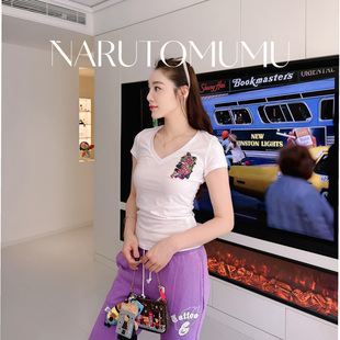 水钻 26夏05 小姐姐全球购ED 花卉刺绣 T恤 女款 短袖 HARDY V领