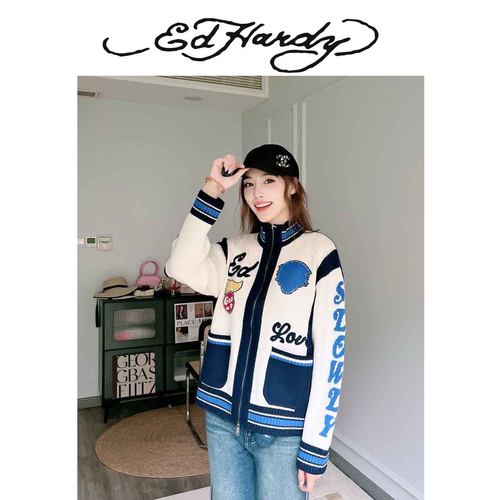 小姐姐全球购ED HARDY 虎头 棒球休闲 拉链针织衫 女款24冬Z04