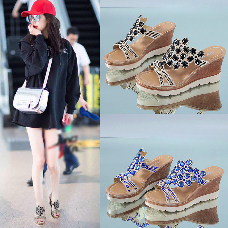 9cm增高水钻高跟拖鞋女夏外穿2025新款厚底坡跟凉鞋女士妈妈凉拖