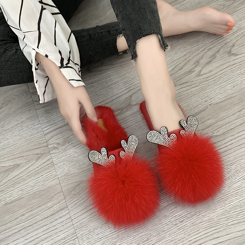 毛毛鹿角新款百搭包头女外棉拖鞋