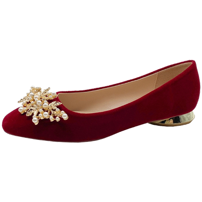 内莎儿浅口平底婚鞋珍珠红色单鞋