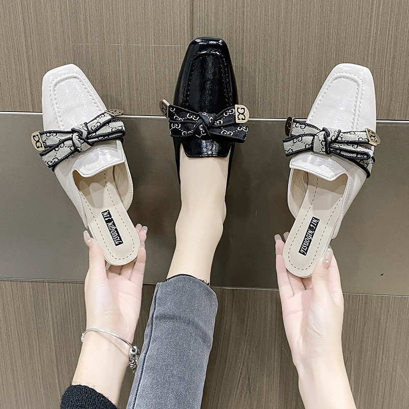 小方头网红凉拖奶奶鞋粗跟包头半拖鞋女夏外穿中跟复古懒人穆勒鞋