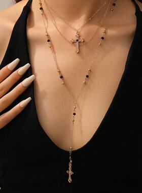 欧美新款多层叠戴十字架项链时尚轻奢高级感镶钻流苏加长锁骨链女