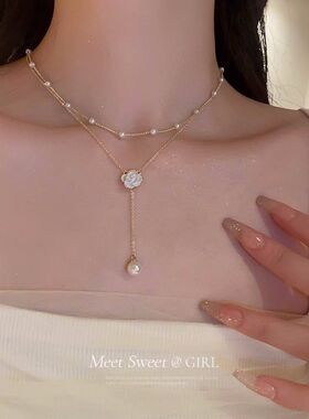 山茶花珍珠项链流苏双层叠戴锁骨链女高级设计感小众气质颈链配饰