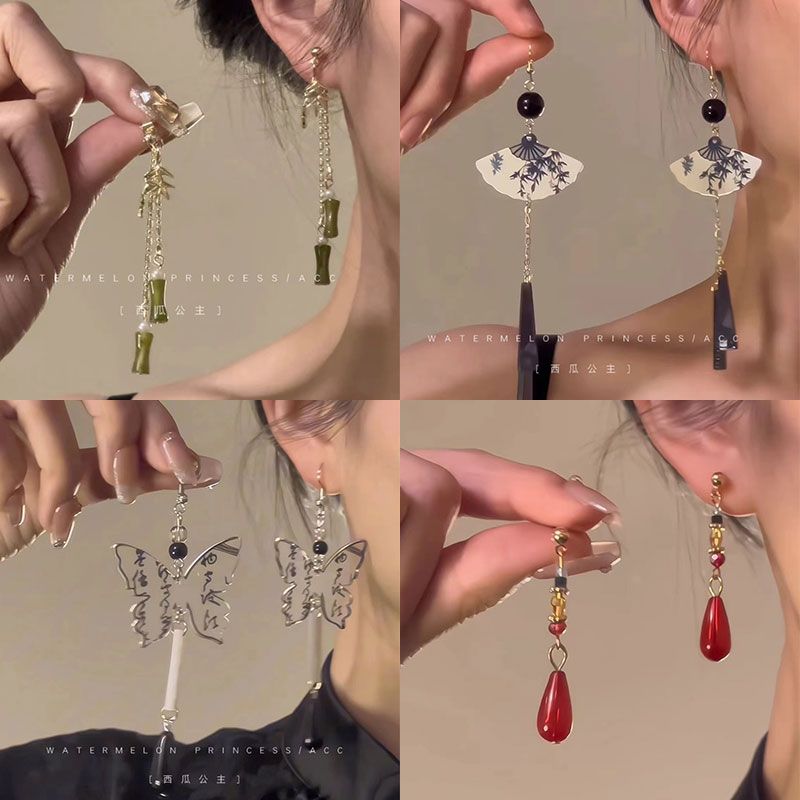 竹影翠庭中式古风竹子耳钉耳环竹节耳坠复古国风流苏旗袍耳饰