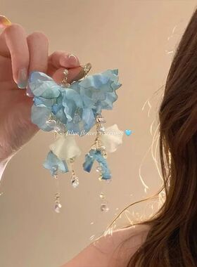 超仙~夏日蓝色花朵流苏耳钉2026新款绝美夸张海边度假风耳夹