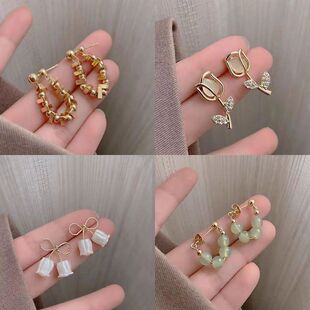 碎金子法式金色耳环前后两戴金属风链条赫本风耳钉2023年新款耳饰