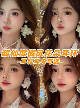 柠香漫舞 超仙白色网纱花朵耳钉流苏耳环独特漂亮度假耳饰