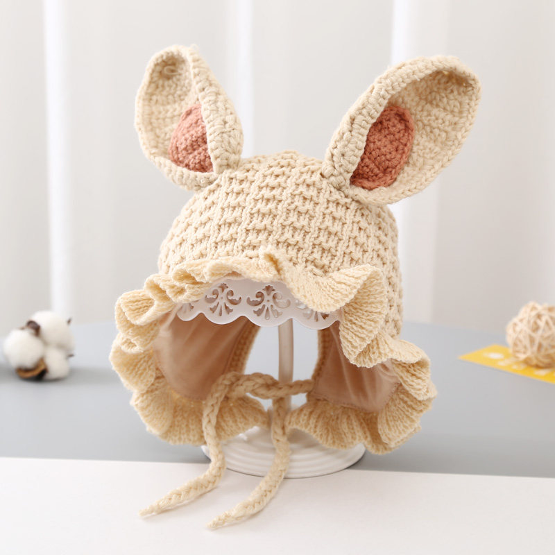 宝宝春秋季韩国网红兔耳朵手工针织帽儿童护耳帽女童婴儿可爱帽子